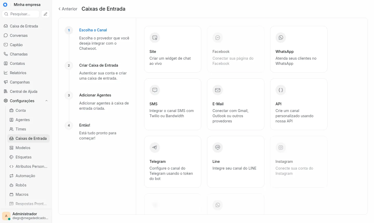 Criação de caixa de entrada: tela para escolher o canal, como site, WhatsApp, e-mail, Telegram, SMS ou API (exemplo).