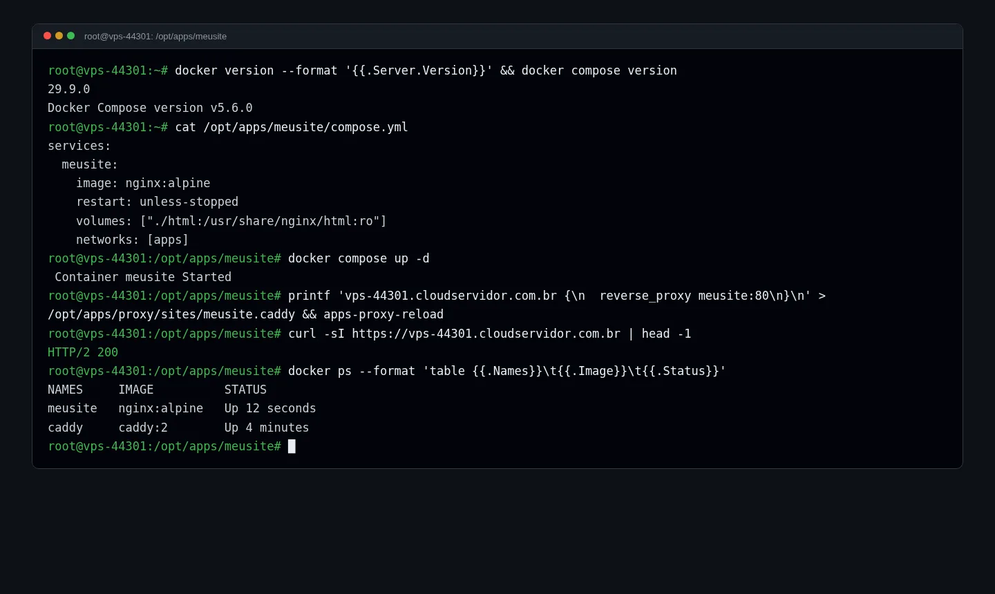 Site de exemplo iniciado com docker compose e respondendo em HTTPS, em um VPS de teste da Mega (exemplo)