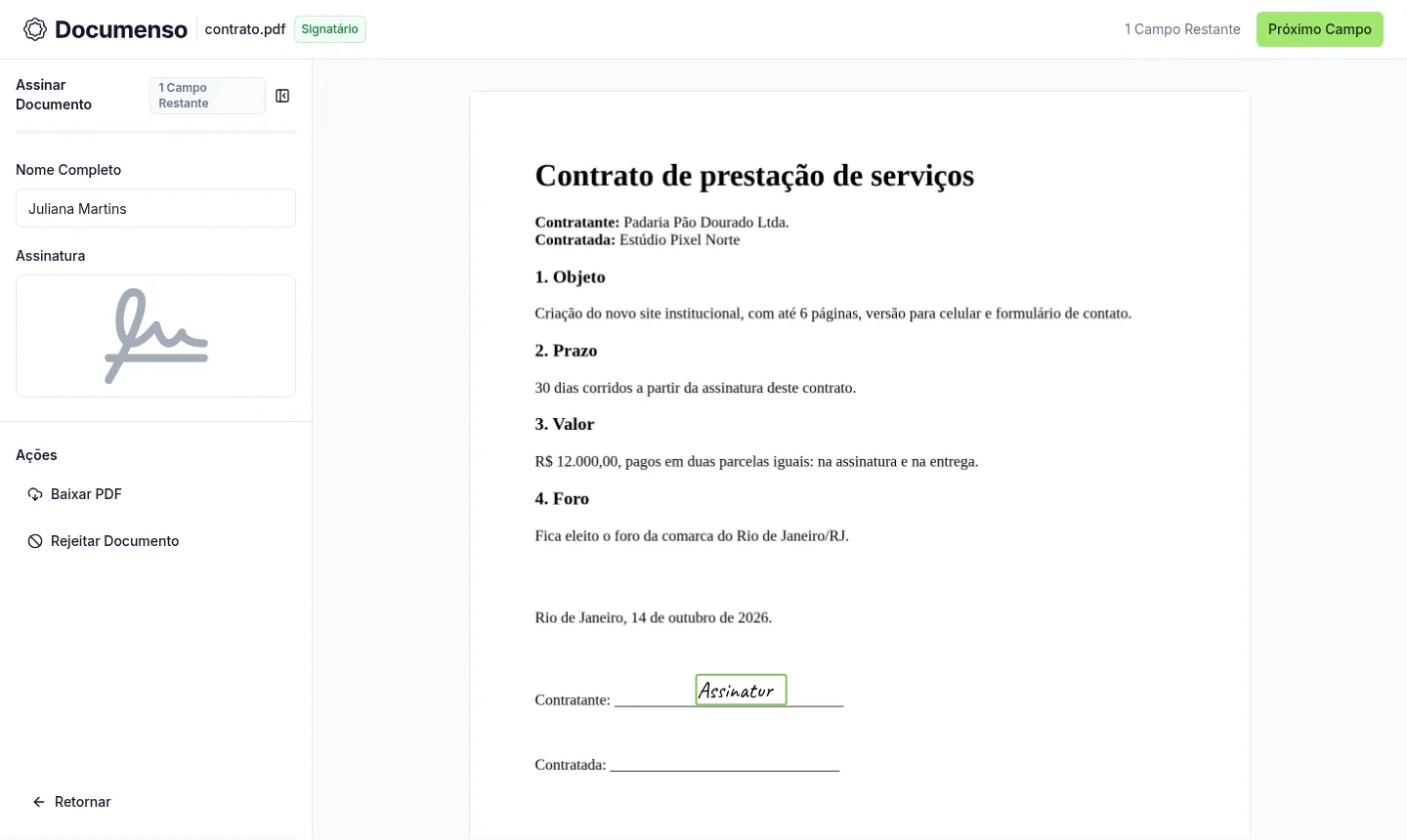 Página do signatário: o documento aberto, com o campo destacado e o nome preenchido (exemplo).