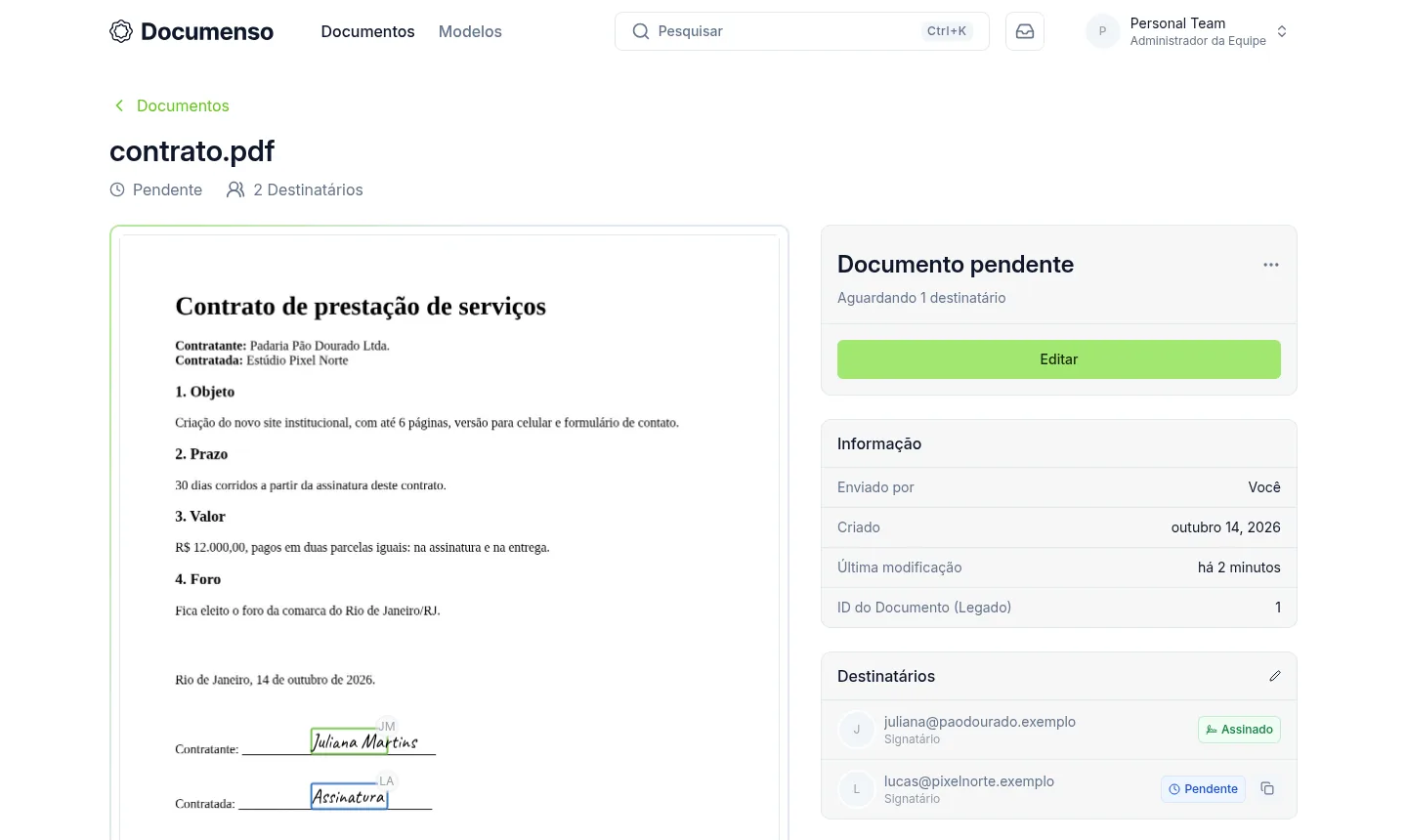 Painel de acompanhamento: uma assinatura concluída, outra pendente e o link disponível para copiar (exemplo).