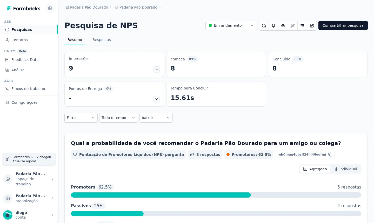 Painel com o resumo de uma pesquisa de NPS: promotores, neutros e detratores (exemplo).