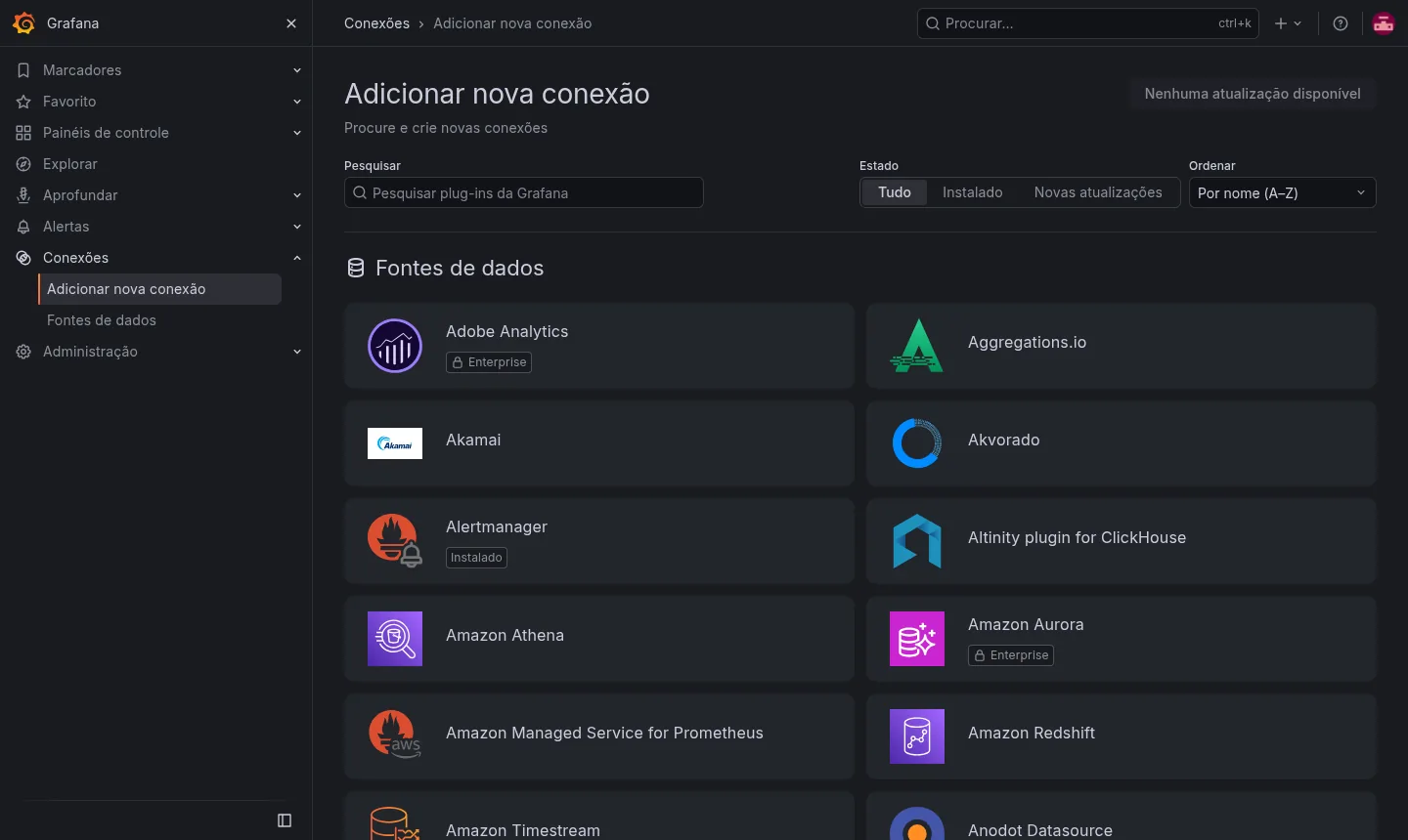 Tela de conexões, onde você escolhe a fonte de dados entre dezenas de integrações (exemplo).