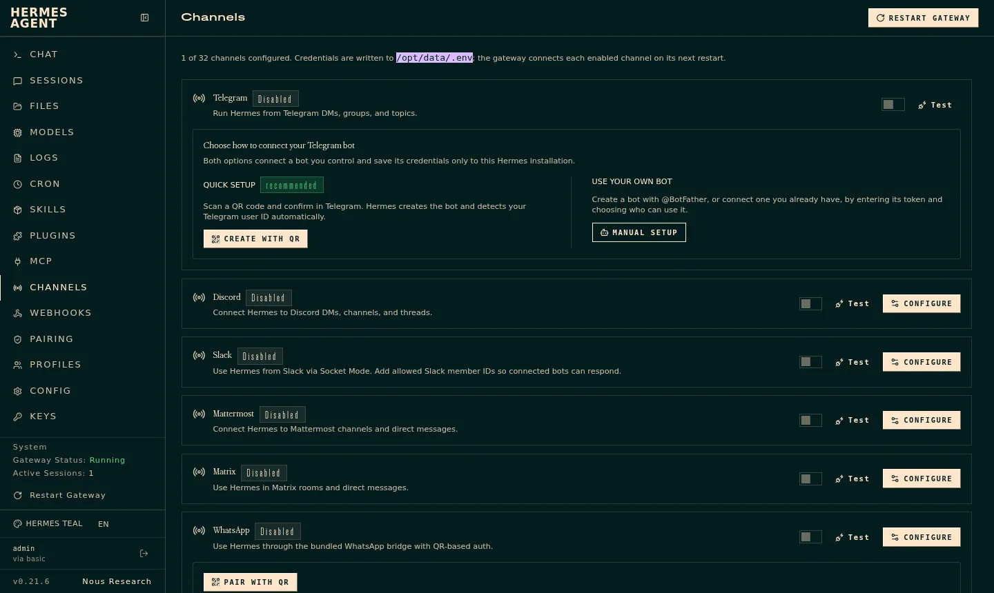 Tela de canais: Telegram, Discord, Slack, WhatsApp e outros, cada um com configuração guiada (exemplo).