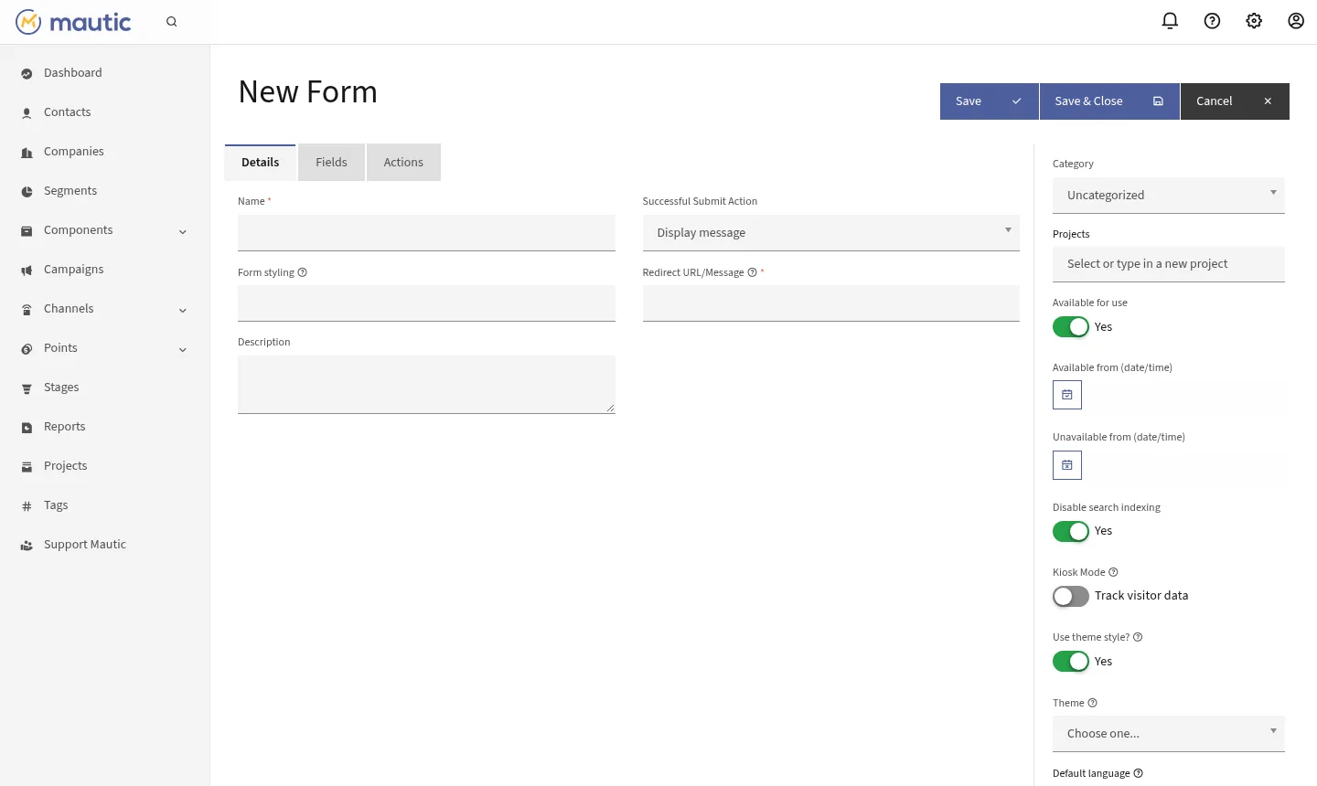 Tela de novo formulário, com campos, ações e tema para captar leads (exemplo).
