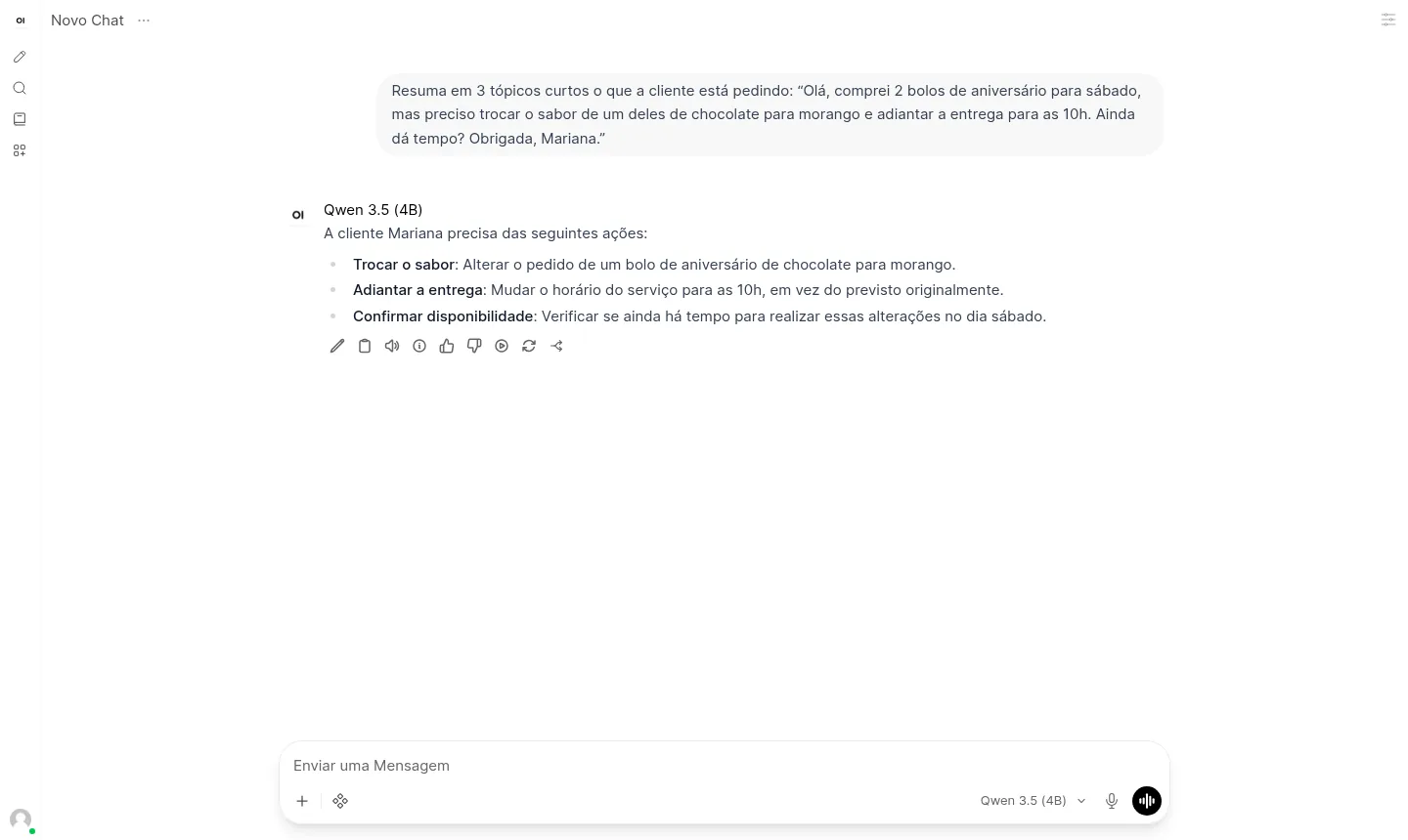 Qwen 3.5 listando em tópicos o pedido de uma cliente, em um VPS de testes da Mega (exemplo).