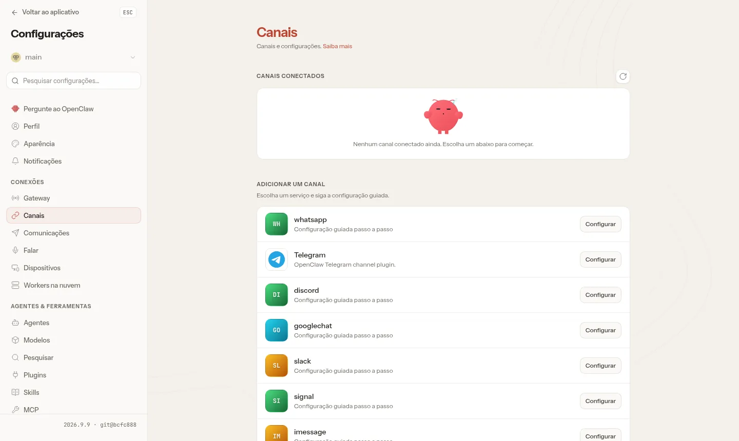Tela de canais: WhatsApp, Telegram, Discord, Slack e outros, com configuração passo a passo (exemplo)