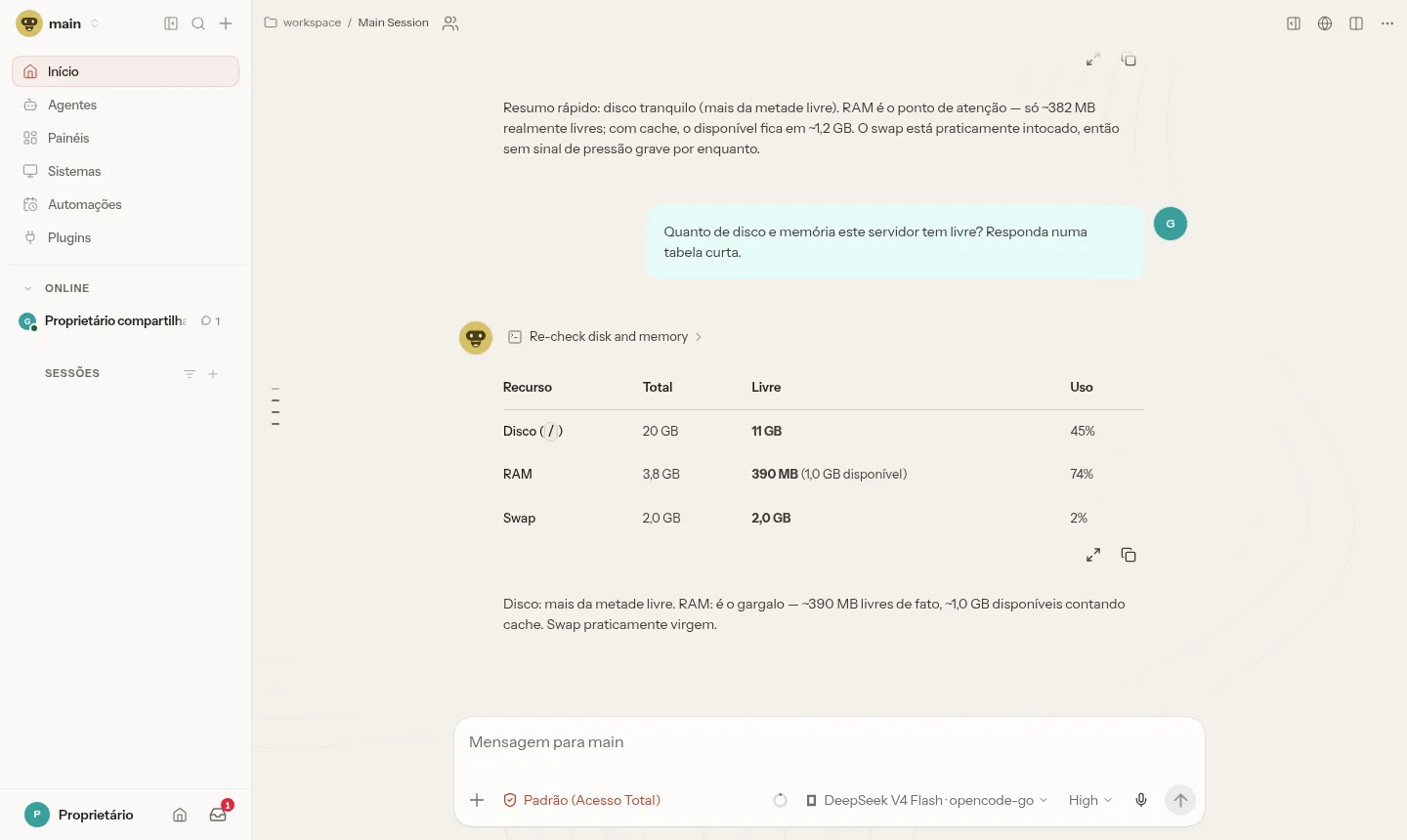 Chat do painel: o agente consulta disco e memória do servidor e responde com os dados organizados em tabela (exemplo)