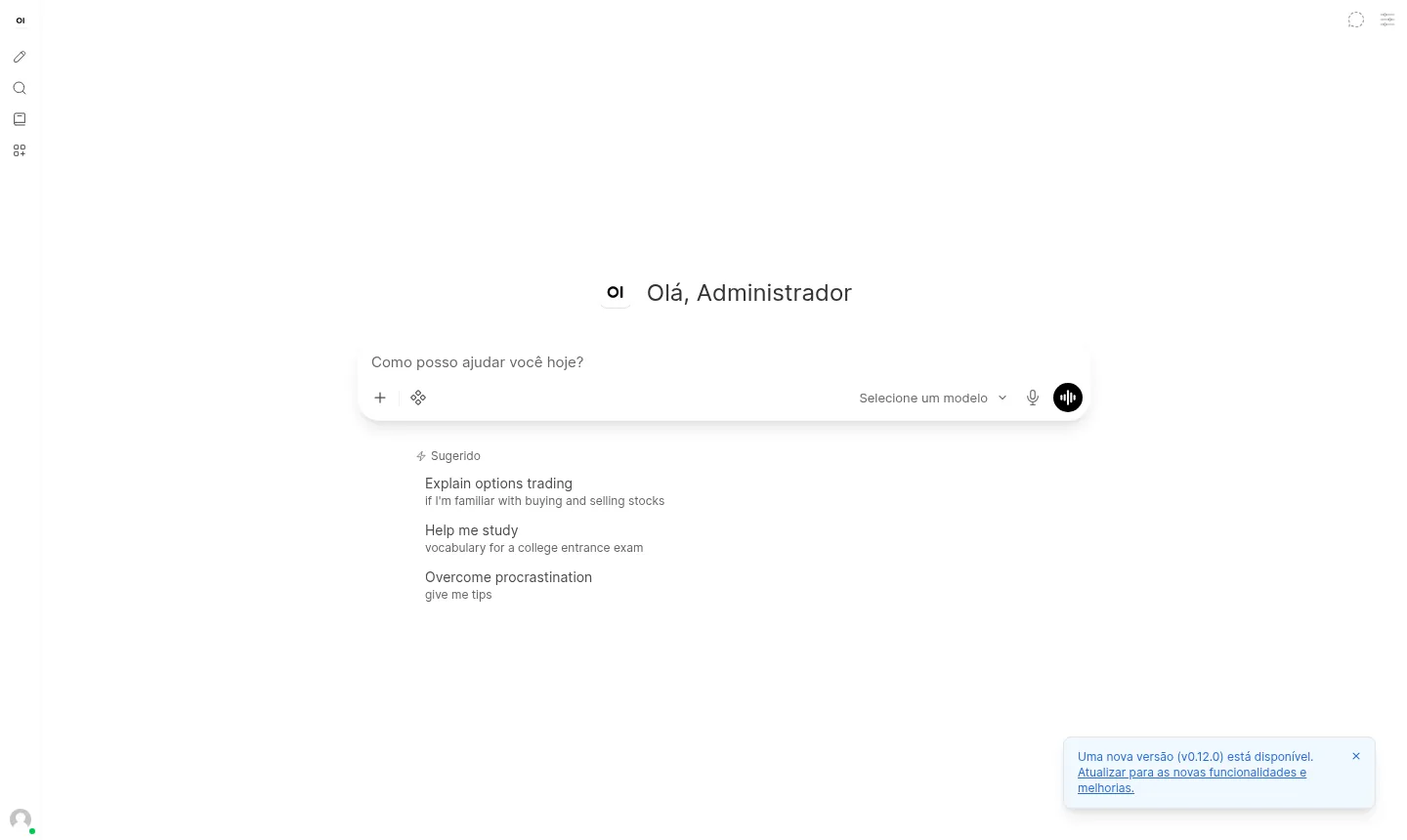 Tela de chat em português, pronta para escolher o modelo assim que o provedor de IA for conectado (exemplo).