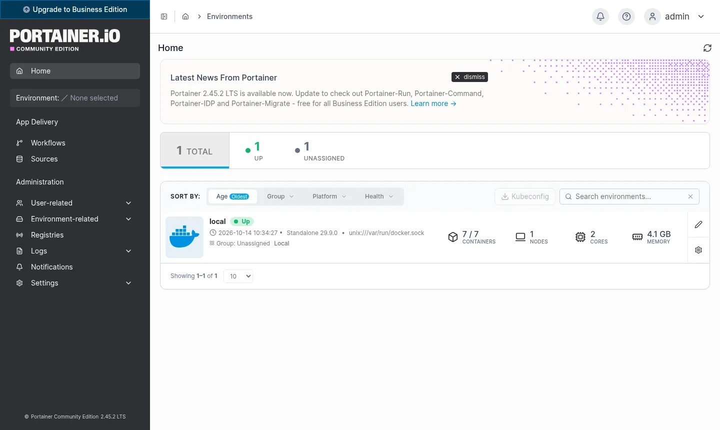 Tela inicial mostrando o ambiente local ligado ao Docker do servidor (exemplo).