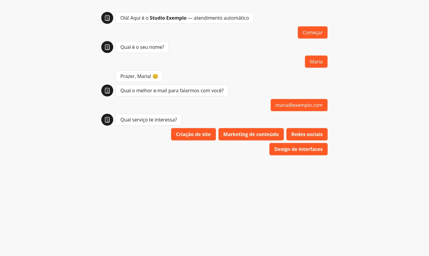 O mesmo bot já publicado, visto pelo visitante: perguntas em sequência e botões de resposta (exemplo).