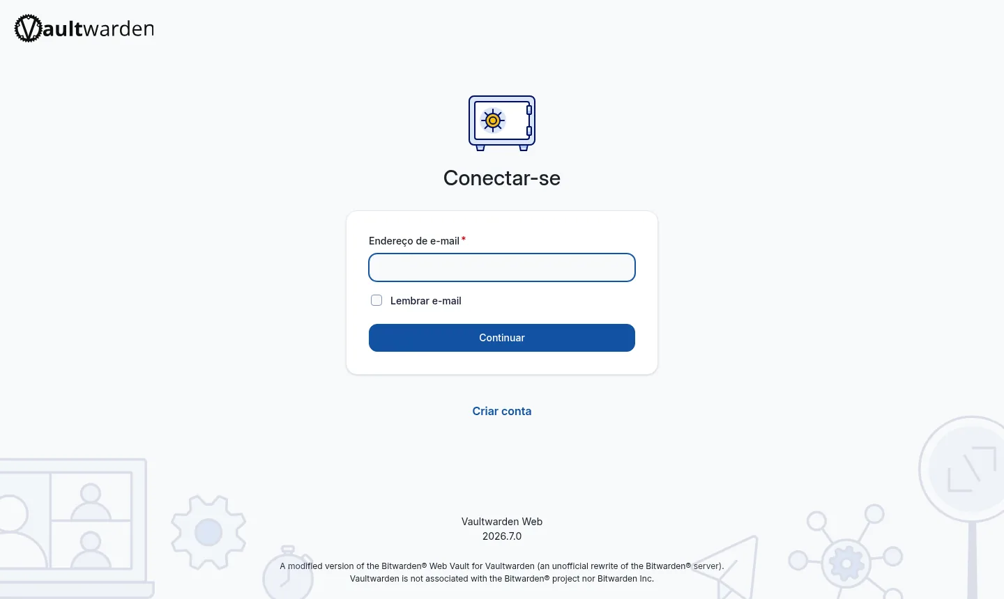 Tela de login do cofre web do Vaultwarden (exemplo)