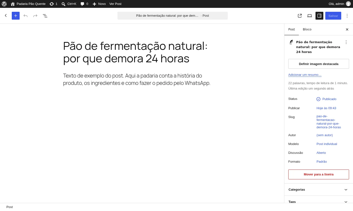 Editor de blocos em português, com as opções do post na barra lateral (exemplo)