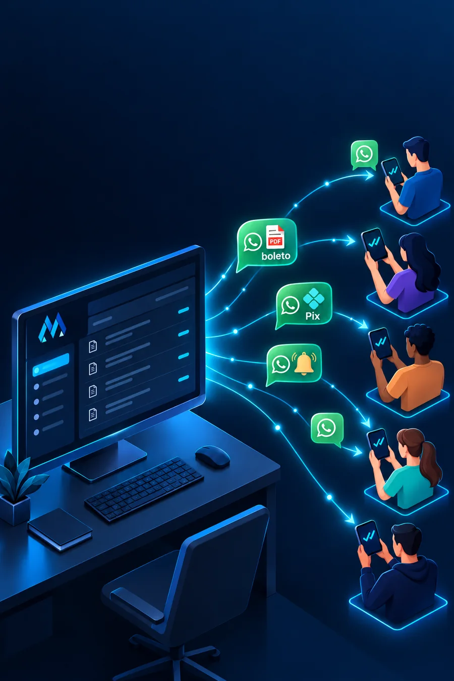 Management system sending invoices, payment codes and notices through WhatsApp to customers' phones