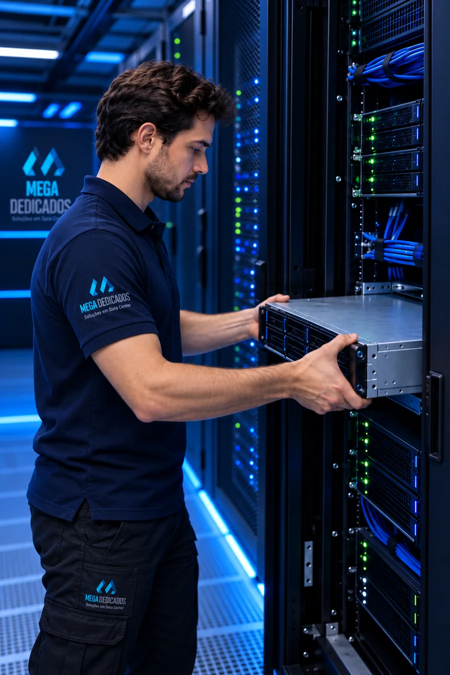 Technician installing a customer server in the rack at the Mega data center