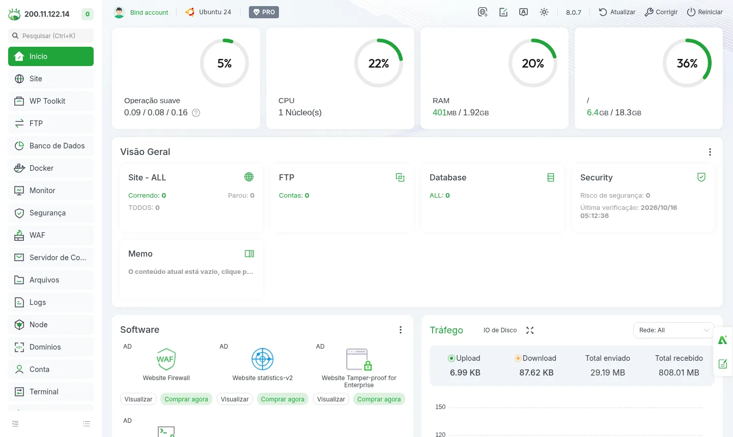 aaPanel home screen showing server usage and installed services (example).