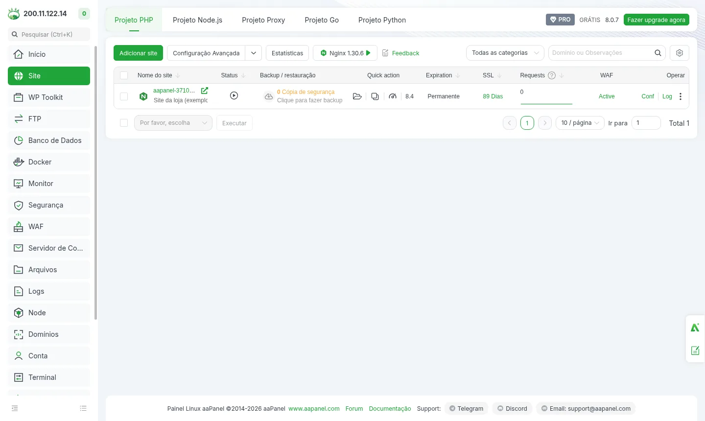 Site list with the domain, PHP version and SSL status of each site (example).