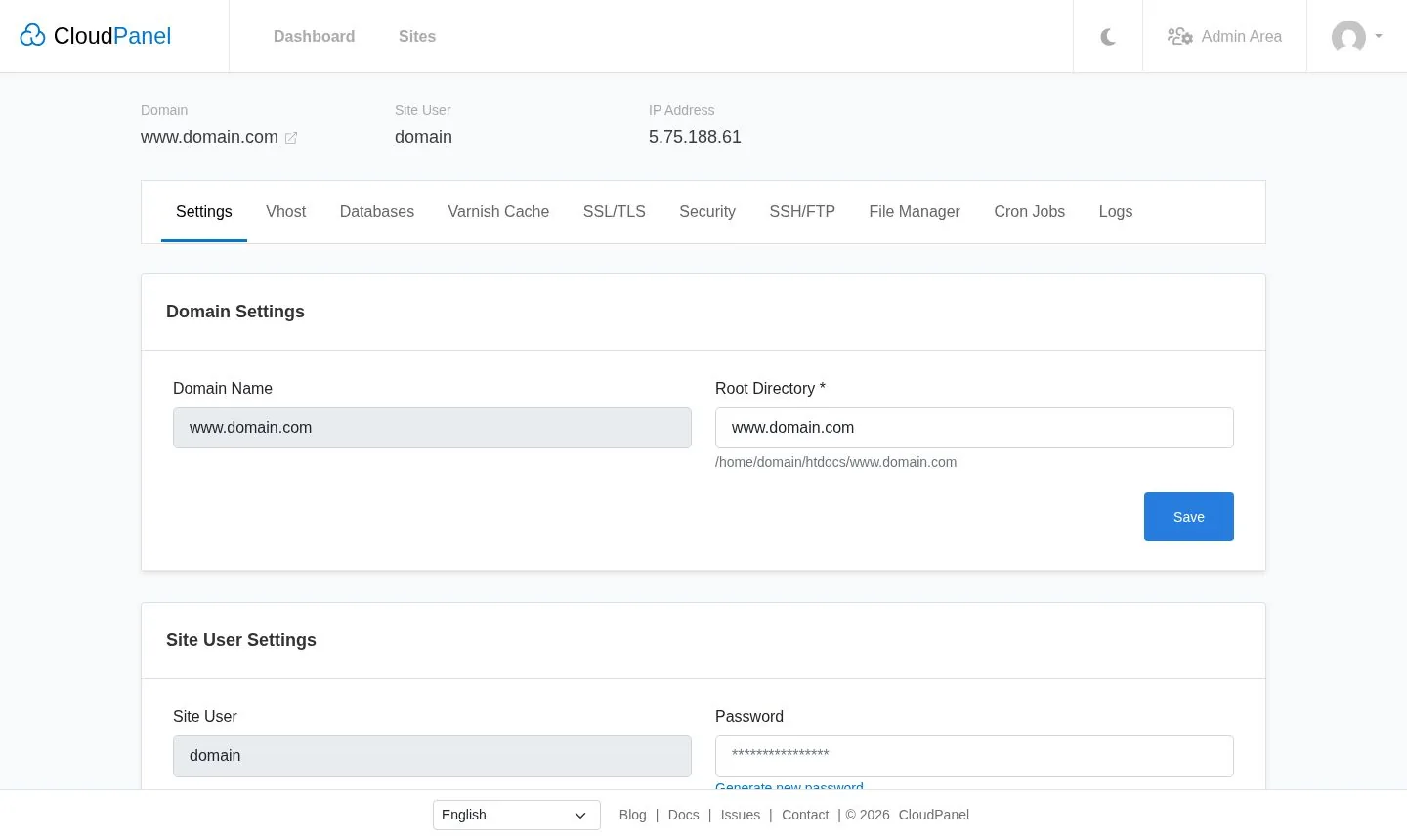 Configurações de um site: domínio, SSL, banco e cron (exemplo)
