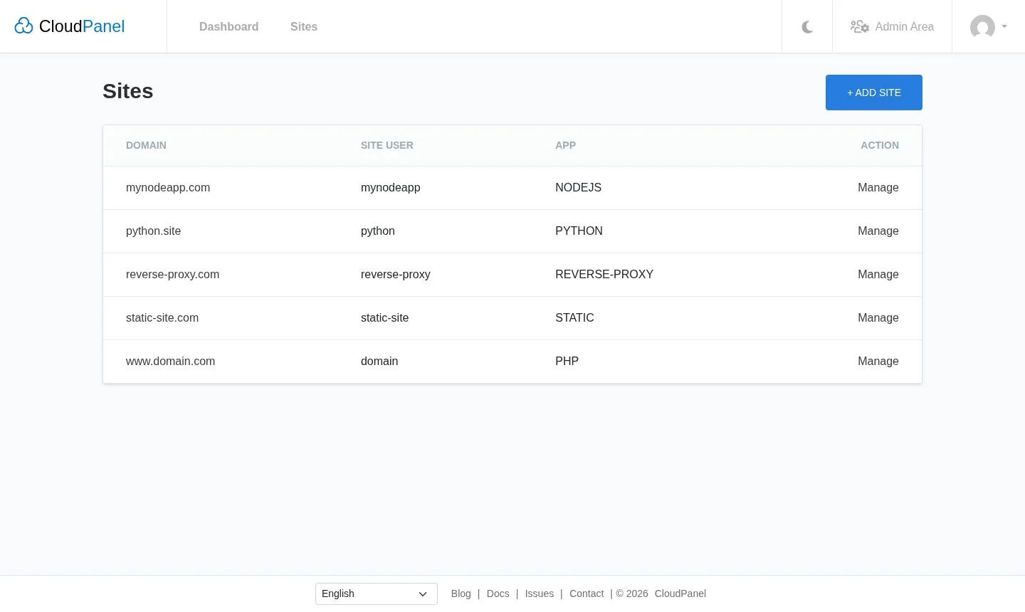Assistente de criação de site com os tipos disponíveis (exemplo)