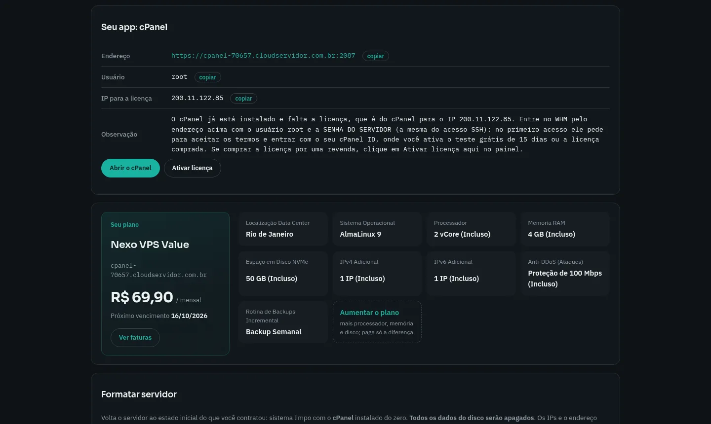 Área do cliente da Mega com os dados do VPS, incluindo o IP usado na licença (exemplo).