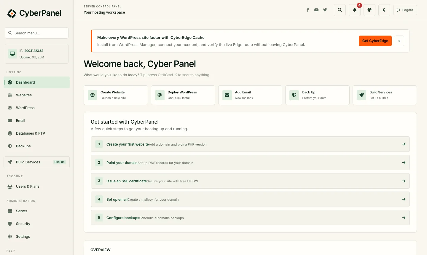 Tela inicial do CyberPanel mostrando o uso de recursos do servidor (exemplo).