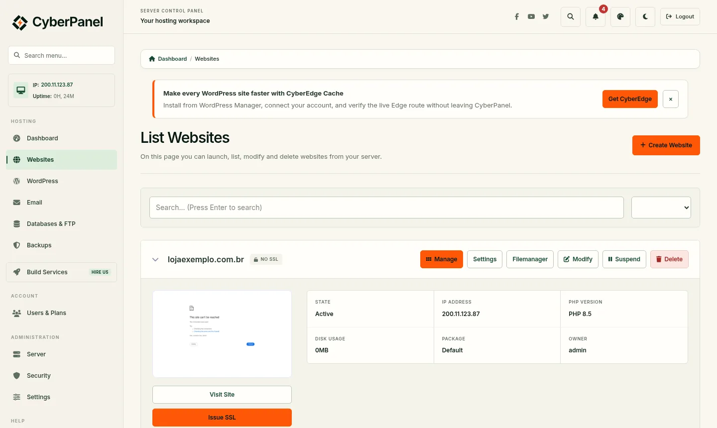 Site criado no painel, com PHP 8.5 e o botão para emitir o SSL gratuito (exemplo).