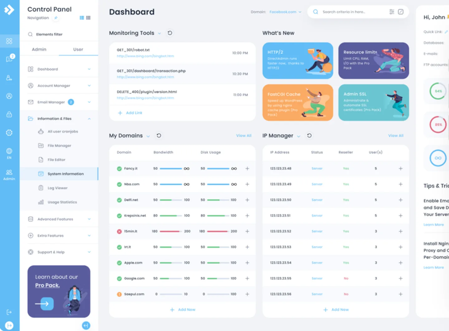 Dashboard do DirectAdmin na skin Evolution, com domínios, IPs e uso de recursos (imagem oficial do fabricante).