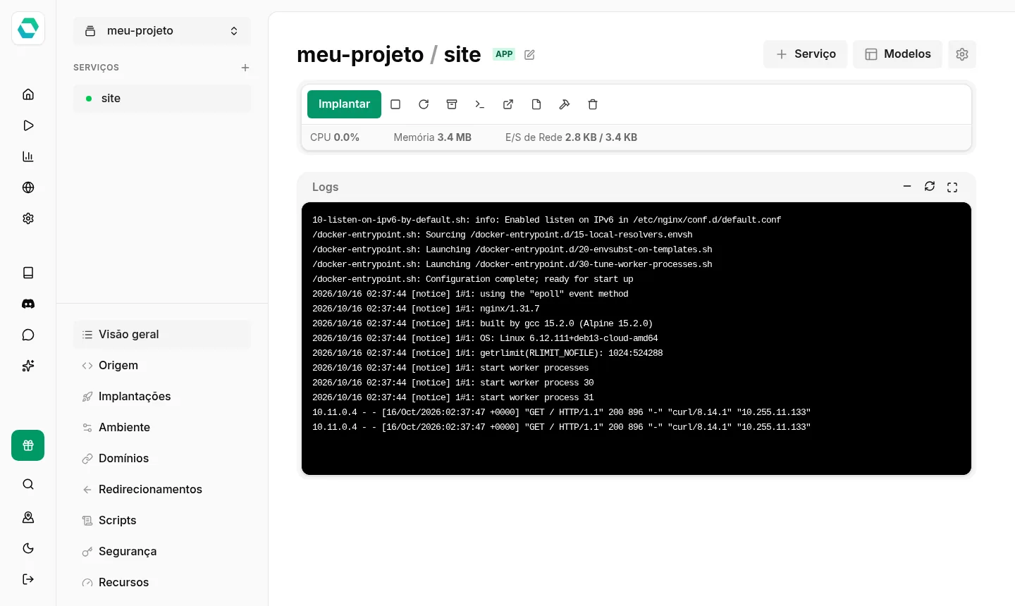 Página de um app criado a partir de uma imagem Docker, com os logs em tempo real (exemplo).