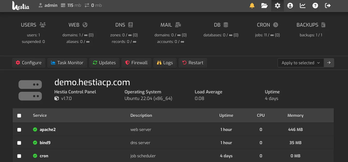 Tela inicial do HestiaCP com a lista de domínios web de um usuário (exemplo)