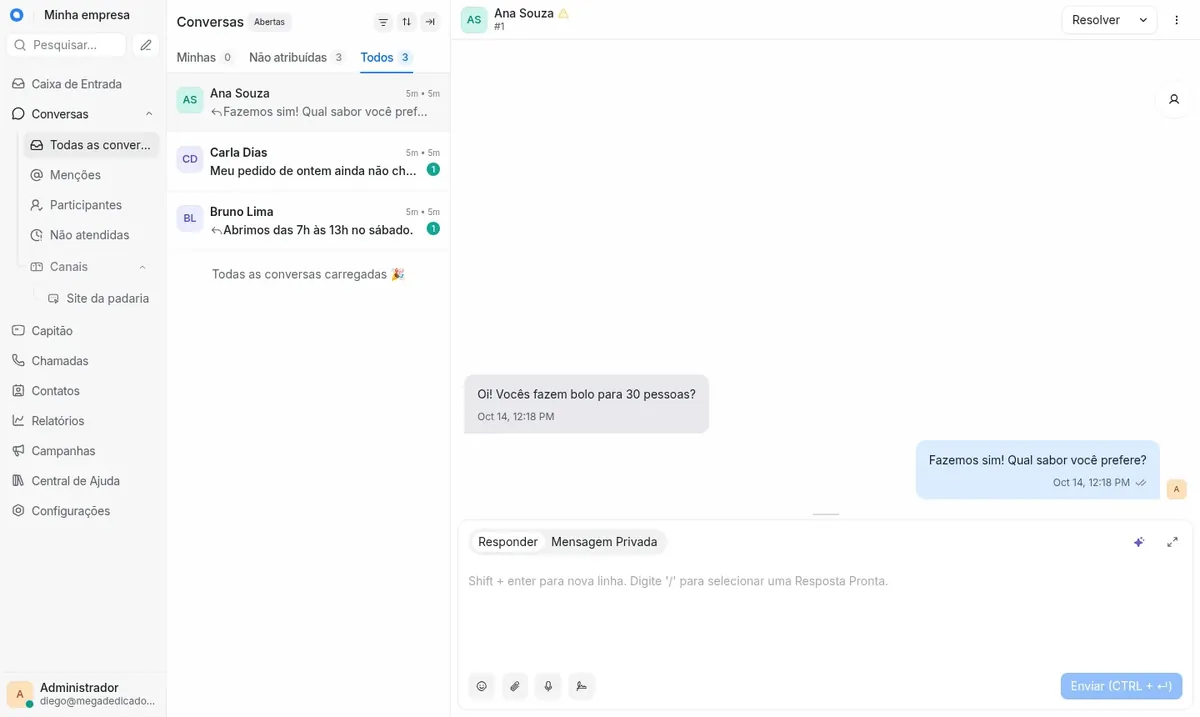 Painel de conversas com o chat do site: lista de atendimento