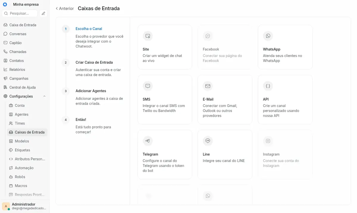 Nova caixa de entrada: escolha o canal entre site, WhatsApp,