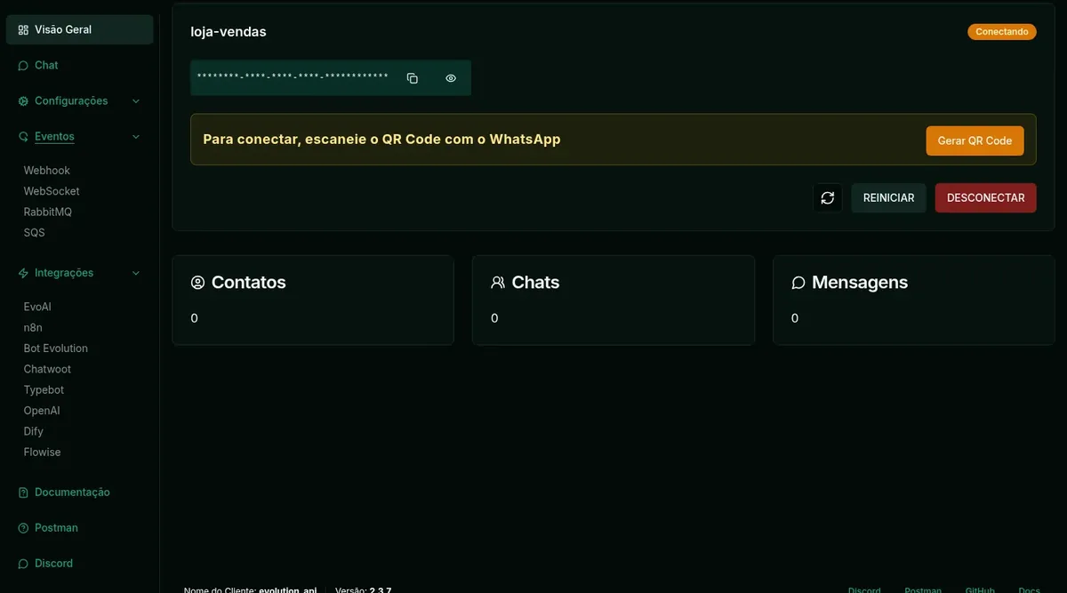 Painel de uma instância: status da conexão, botão para gerar