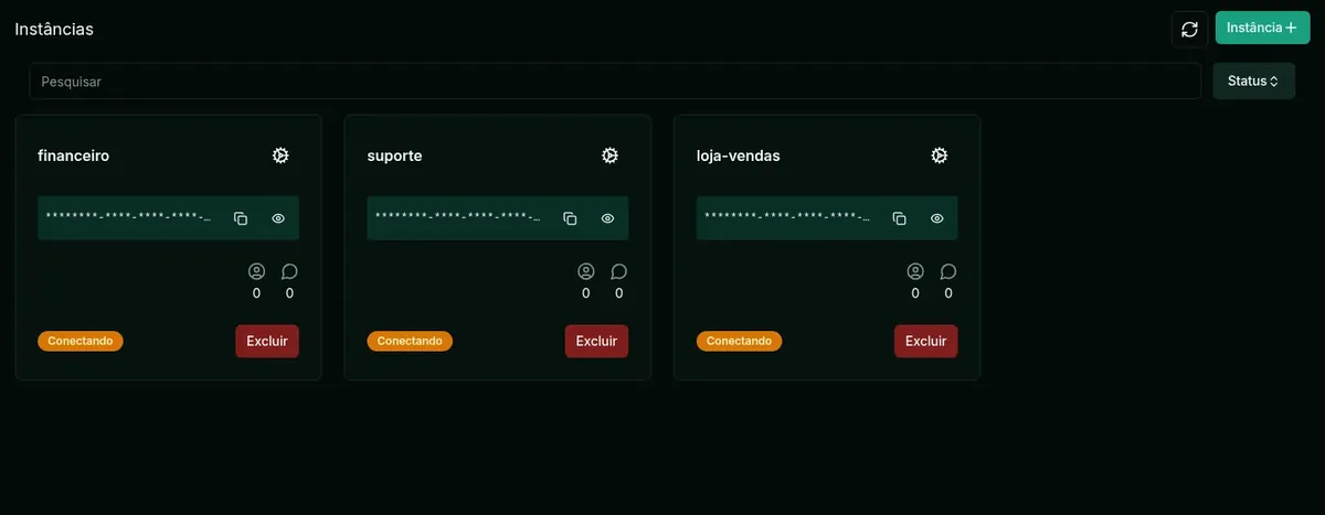 Lista de instâncias: um número de WhatsApp por instância, ca