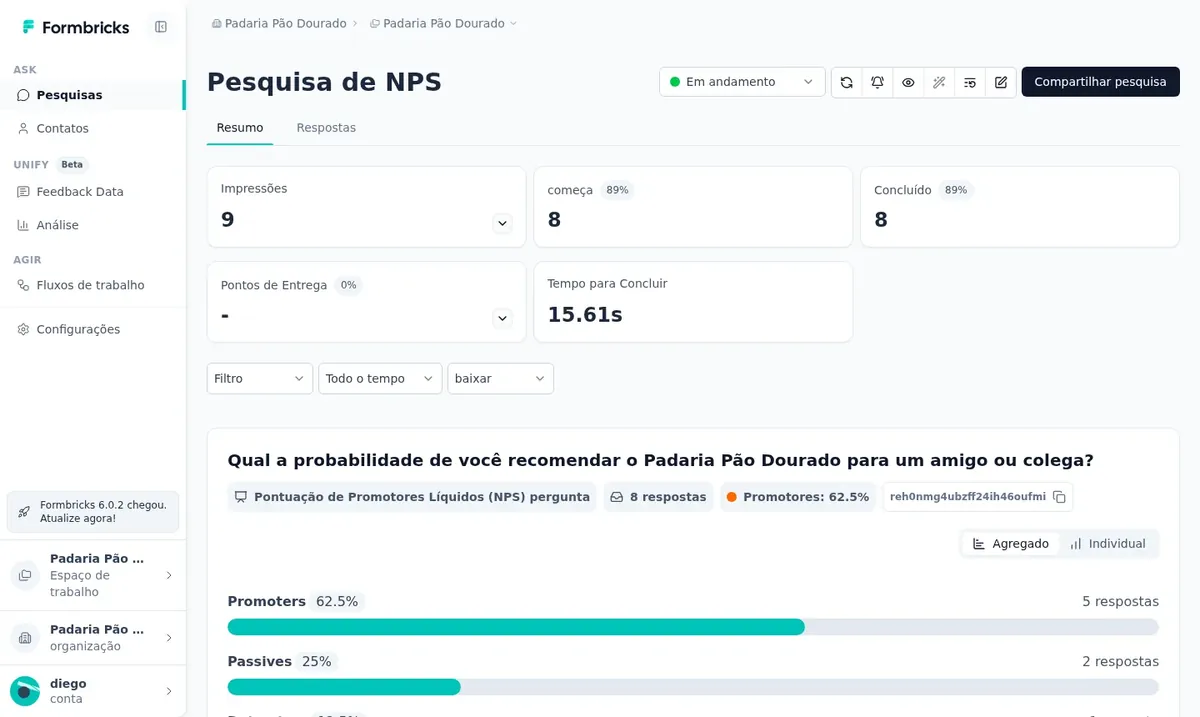 Resumo de uma pesquisa de NPS com 8 respostas de exemplo: pr