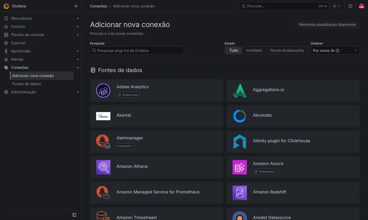 Tela de conexões: escolha a fonte de dados entre dezenas de
