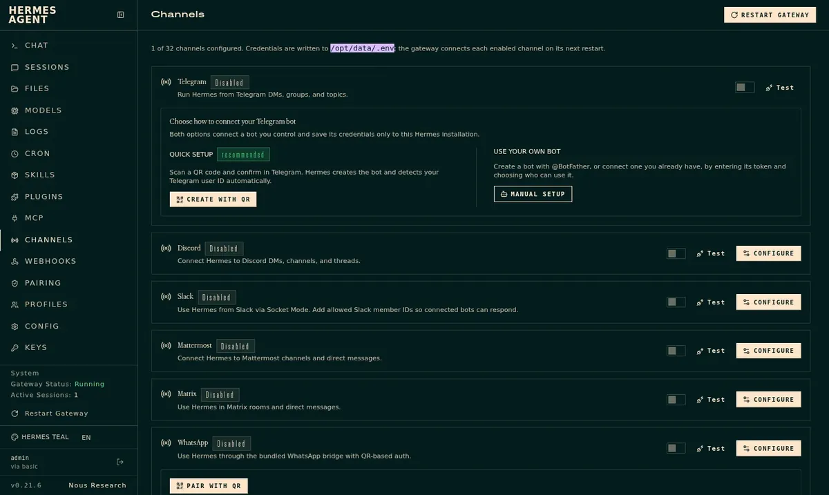 Tela de canais: Telegram, Discord, Slack, WhatsApp e outros,