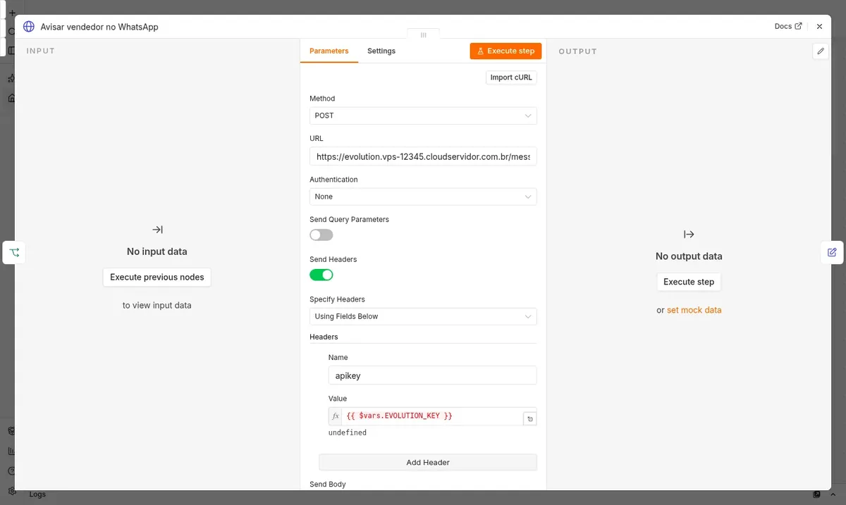 Configuração de um nó: requisição HTTP que envia a mensagem