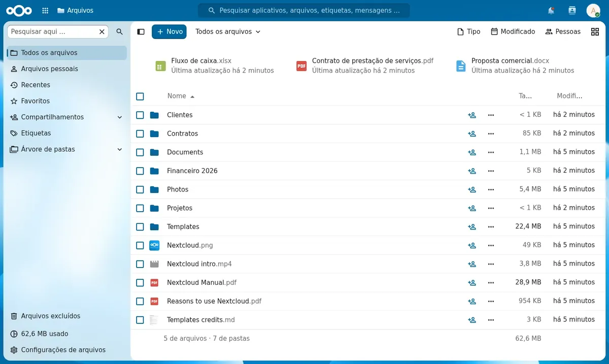 Tela de arquivos com pastas de clientes, contratos e finance