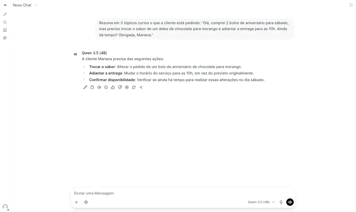 O Qwen 3.5 resumindo em tópicos o pedido de uma cliente, rod