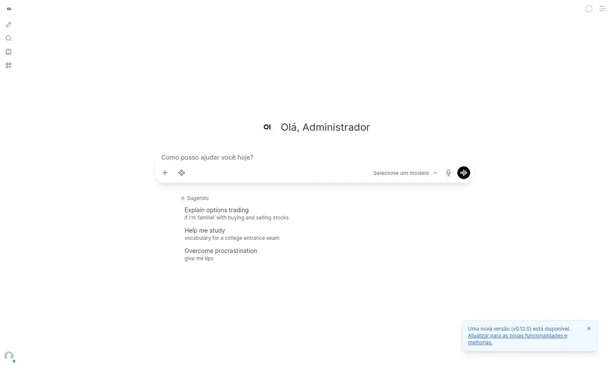 Tela de chat em português, pronta para escolher o modelo dep