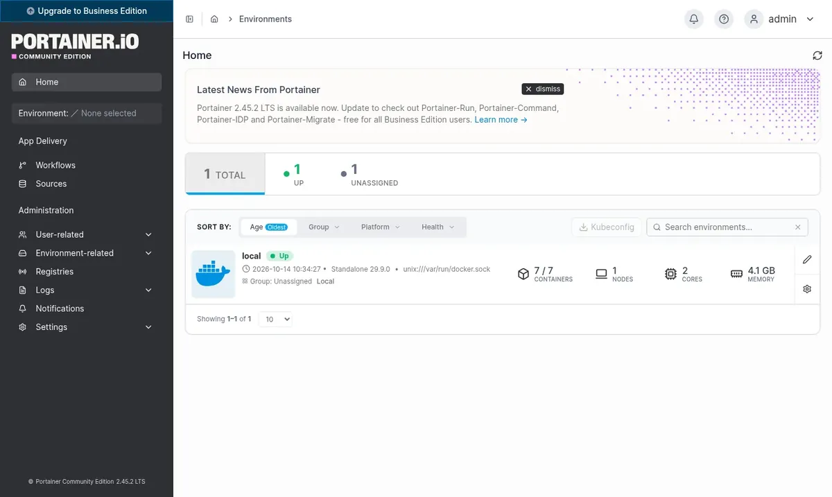 Tela inicial com o ambiente local ligado ao Docker do servid
