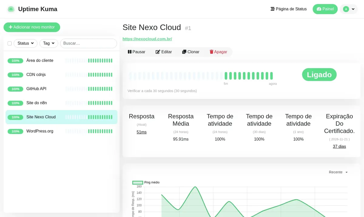 Monitor de um site: verificação a cada 30 segundos, tempo de