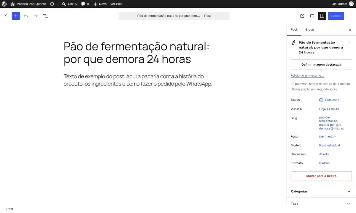 Editor de blocos do WordPress em português, com as opções do