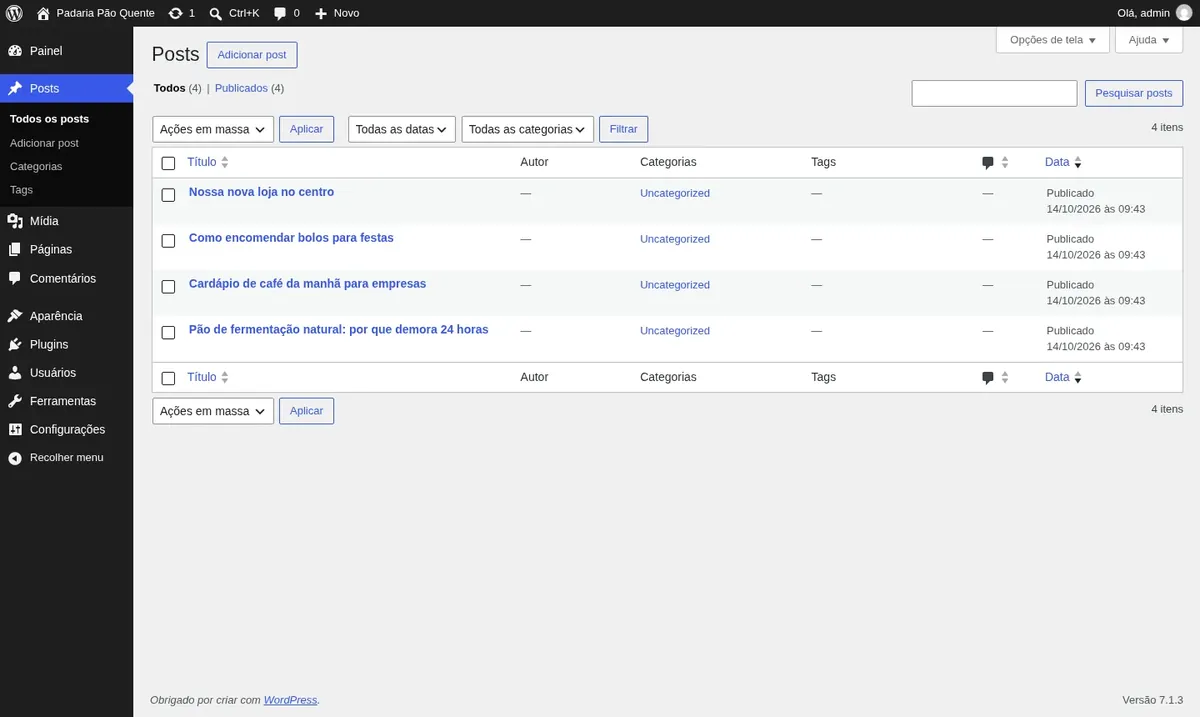 Lista de posts no painel, com status, autor, categorias e da