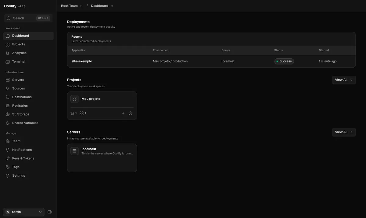 Painel com deploy concluído