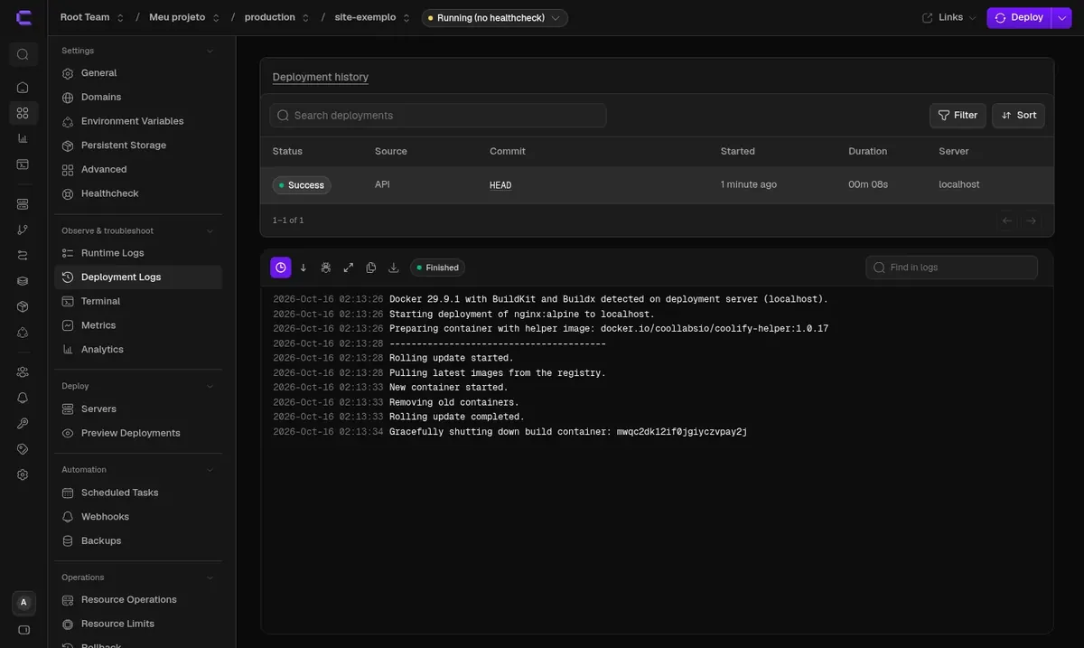 Histórico e log de um deploy