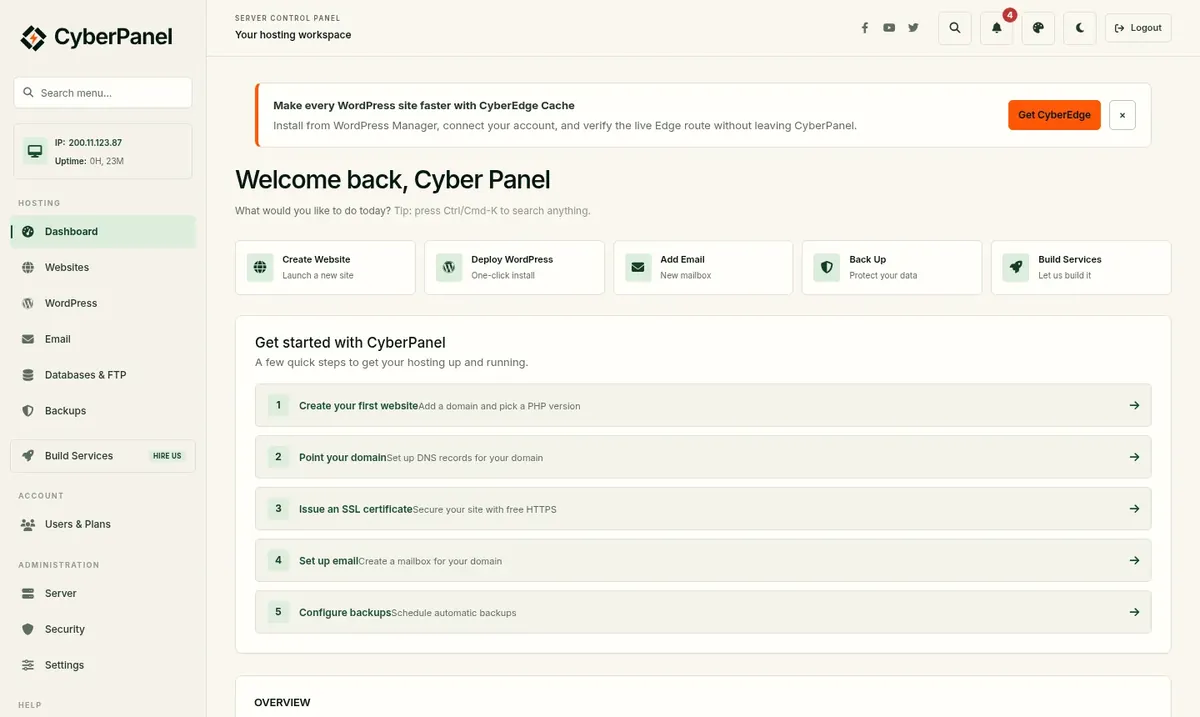 Painel inicial do CyberPanel