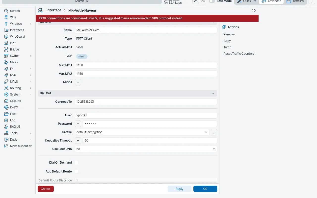 Tela da integração MK-Auth × MikroTik: pptp dialout