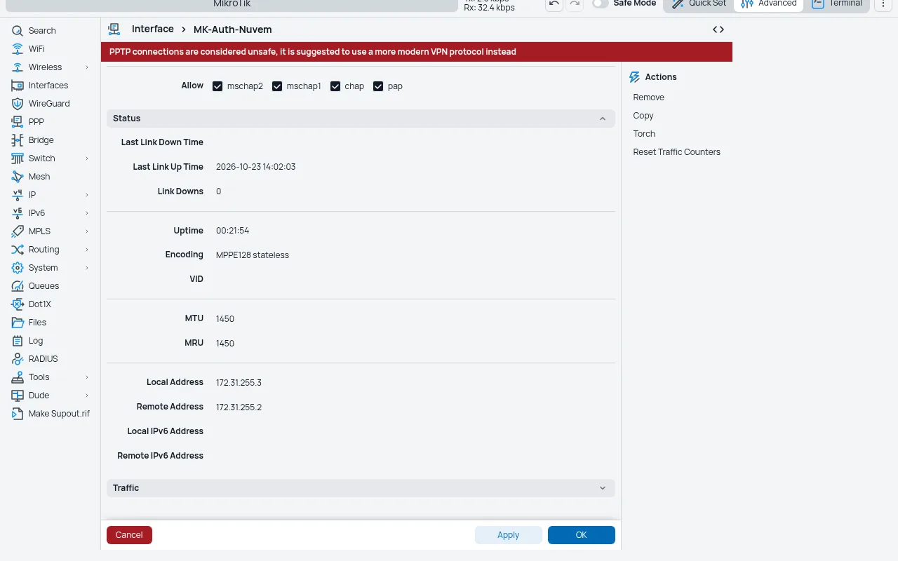 Tela da integração MK-Auth × MikroTik: pptp status