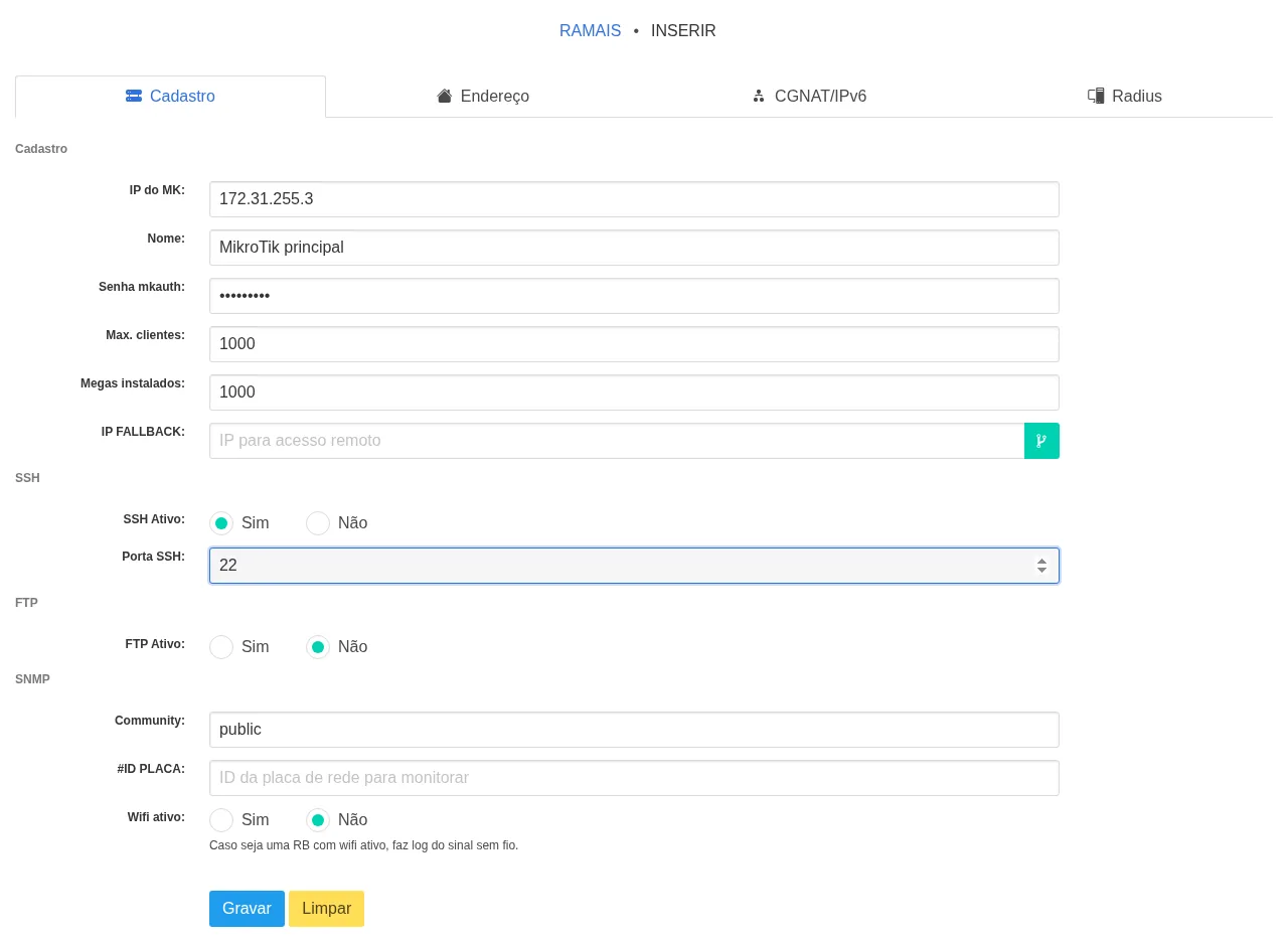 Tela da integração MK-Auth × MikroTik: mkauth ramal cadastro