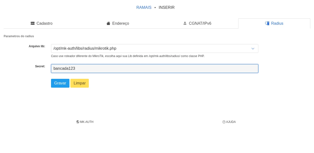 Tela da integração MK-Auth × MikroTik: mkauth ramal radius